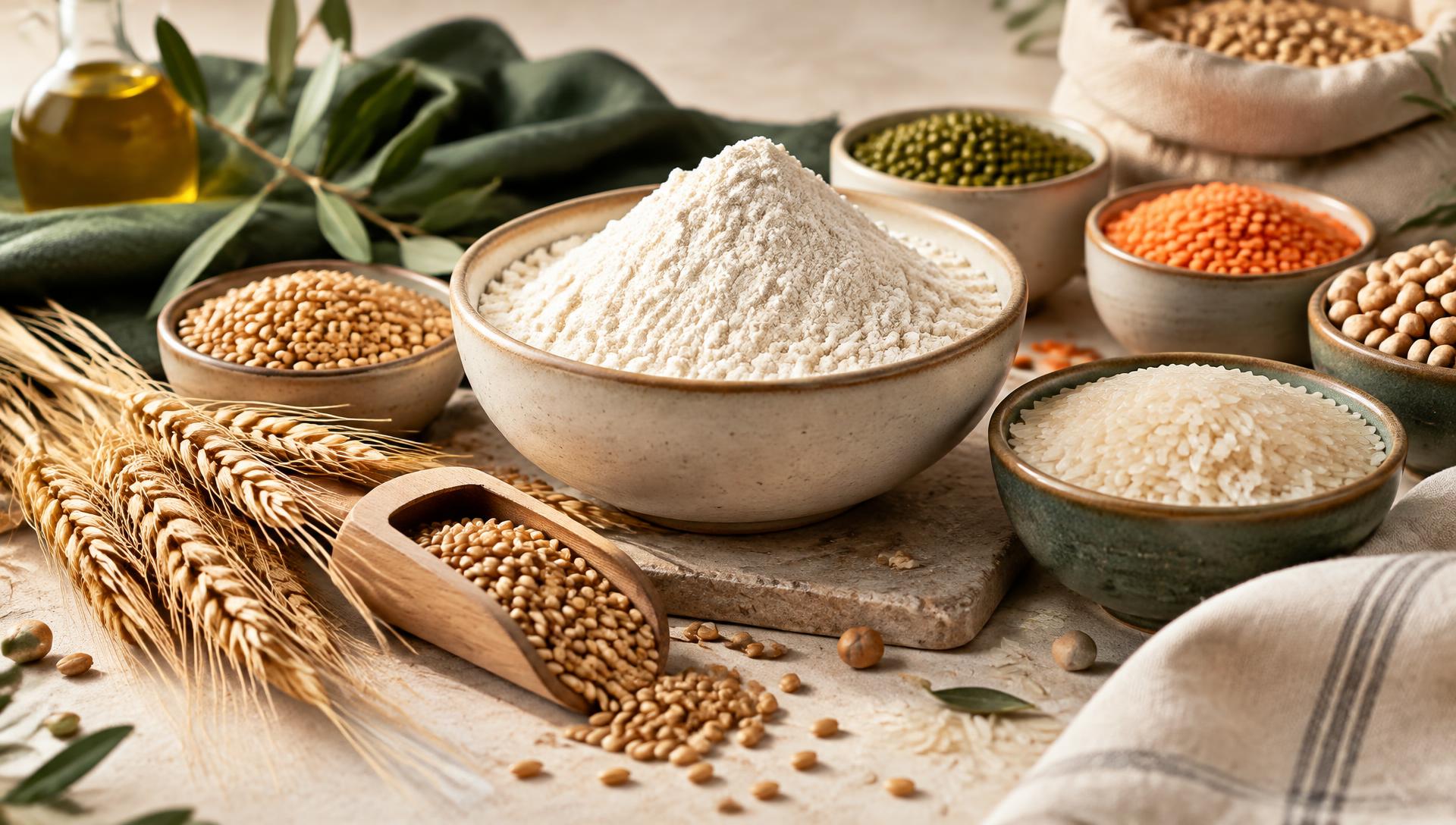 Premium flour, wheat, rice and pulses arranged on a stone surface